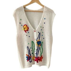 No Brand White Crochet Embroidered Fish Under Sea Button Up Sweater Vest Size XL